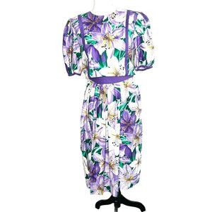 Strait Lane Vintage MIDI Dress w/ Belt A-line Retro Floral Tropical Purple Sz 8